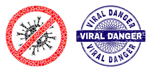 Geometric collage stop flu virus, and Viral Danger dirty badge. Violet seal contains Viral Danger caption inside round shape. Vector stop flu virus collage is designed of scattered round, triangle,
