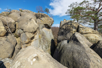 Summer landscape, Dovbush rocks in the Carpathians in Ukraine. Trip to the mountains.