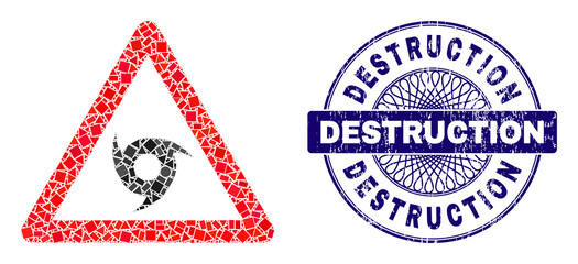 Geometric collage tornado warning, and Destruction rubber seal print. Blue seal includes Destruction tag inside circle form. Vector tornado warning mosaic is designed with scattered circle, triangle,