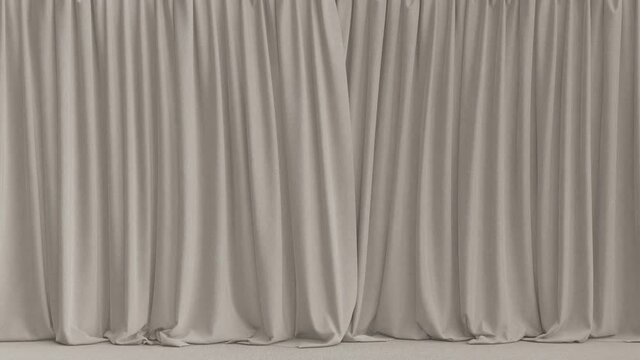Realistic 3D animation of the beige canvas textured curtain with beige carpet flooring rendered in UHD with alpha matte