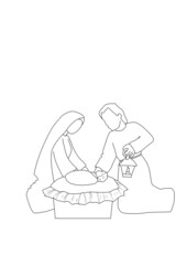 Christmas nativity scene of the baby Jesus, Mary, Joseph . Vector illustration sketch doodle  with black lines isolated on white background