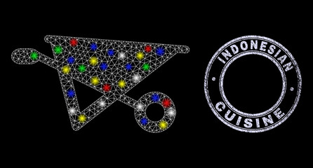 Glossy polygonal mesh net wheelbarrow icon with glitter effect on a black background, and Indonesian Cuisine unclean seal imitation. Illuminated vector mesh created from wheelbarrow icon,