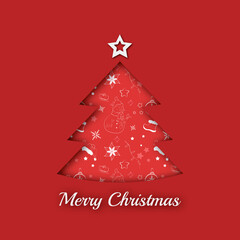 Fototapeta na wymiar Merry Christmas greeting card illustration. Red Christmas tree with pattern