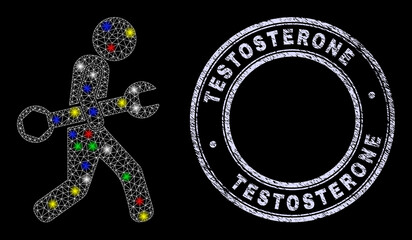 Glossy polygonal mesh web serviceman icon with glow effect on a black background, and Testosterone scratched stamp seal. Illuminated vector mesh created from serviceman pictogram, © Evgeny