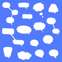 Vector hand drawn speech bubbles. Blue and white colors. Set of speak bubble text, chatting box, message box outline cartoon vector illustration design. Balloon doodle style of thinking sign symbol.