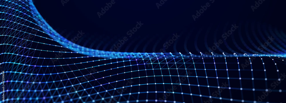 Poster Blue wave. Abstract background of points and lines. Cyber structure. Big data stream. 3d rendering