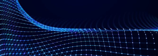 Blue wave. Abstract background of points and lines. Cyber structure. Big data stream. 3d rendering