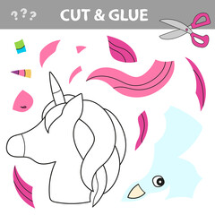 Cut and glue the paper little funny Unicorn. Children funny riddle entertainment and amusement. Vector illustration.