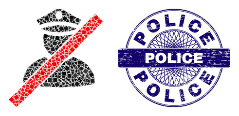 Geometric mosaic wrong police man, and Police rubber stamp seal. Violet stamp seal includes Police title inside round form. Vector wrong police man mosaic is done of randomized round, triangle,