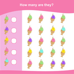 Counting game for Preschool Children. Educational printable math worksheet. Worksheet for kids. Vector illustration in cartoon style. Education worksheet to count how many similar images.