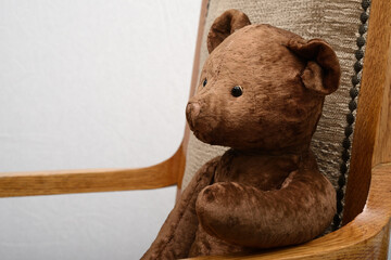 shabby teddy bear sitting in an vintage armchair