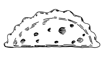 Cheburek, pastry empanada, traditional cuisine sketch. Fried pie with stuffing, fast food single doodle. Hand drawn vector illustration in retro style. Outline clipart isolated on white background.