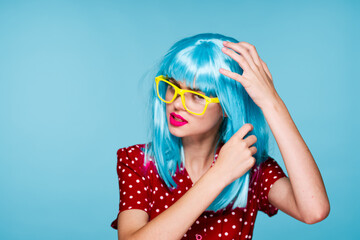 cheerful woman purple hair yellow glasses fashion glamor