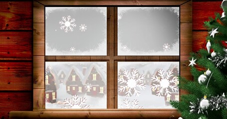 Vector image of snow covered houses seen through window by christmas tree, copy space