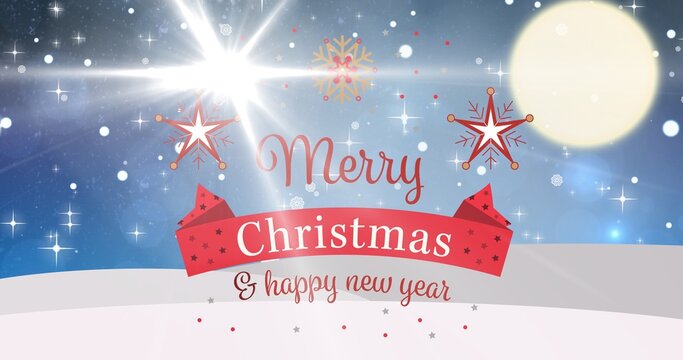 Digital composite image of christmas and new year greeting with glowing background at winter night