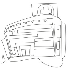 One line clinic building in a simple doodle style on white background. Stock vector illustration set for treating people.