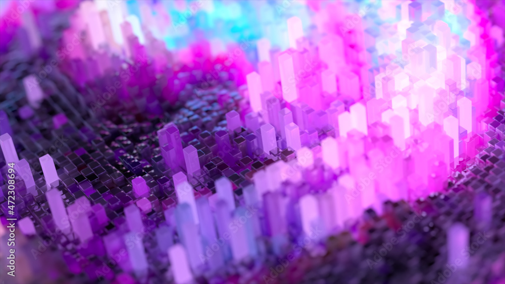 Aufkleber abstract wave surface consisting of blocks moves in a random chaotic order. blue pink color. 3d illu