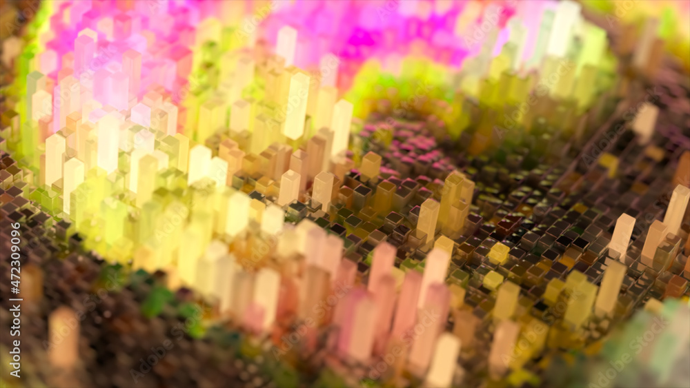 Poster abstract wave surface consisting of blocks moves in a random chaotic order. pink yellow color. 3d il