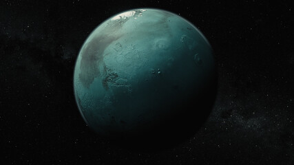 Cosmos concept. Flight over Planet X. Blue planet. Top view of the planet's surface. 3d Illustration