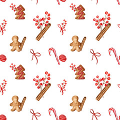 Christmas pattern with gingerbread cookies, cinnamon sticks, red berries, and candy canes. Watercolor hand drawn elements on white isolated background. For scrapbooking, wrapping paper, fabric.