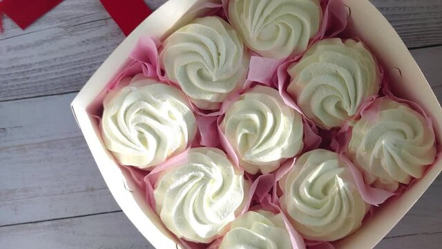 Gift box with tasty homemade Zefir- type of soft confectionery made by whipping fruit and berry pur&eacute;e	