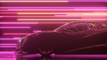 Futuristic concept. The sports car is moving against the backdrop of glowing neon lines. Pink purple color. 3d Illustration