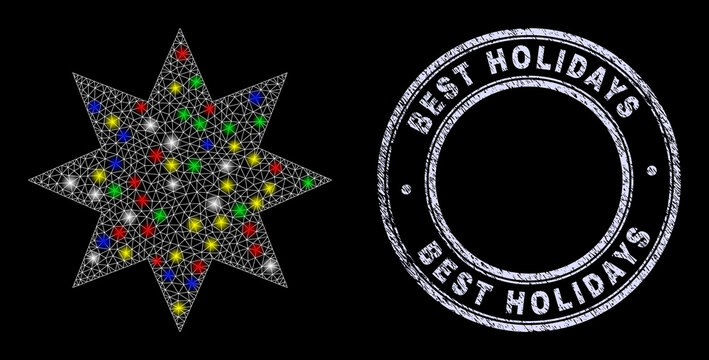 Glossy polygonal mesh net eight pointed star icon with glitter effect on a black background, and Best Holidays rubber seal print. Illuminated vector mesh created from eight pointed star icon,