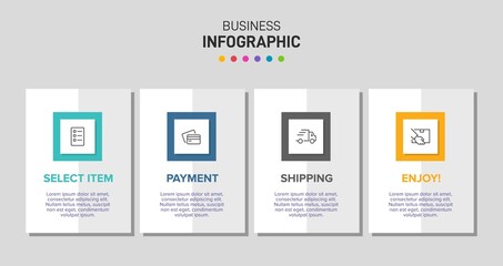 Concept of shopping process with 4 successive steps. Four colorful graphic elements. Timeline design for brochure, presentation, web site. Infographic design layout.