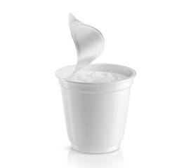 Full plastic cup with sour cream with an open foil lid. Isolated on white background. 3D illustration