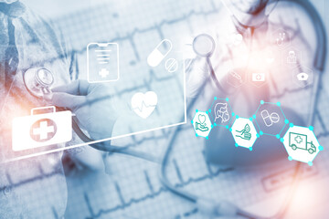 Double exposure Medicine doctor and health care.Health care icon with medical network connection. study,vaccine, rising growth.COVID-19. Photo Medical and technology concept.