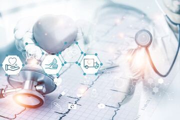 Double exposure Medicine doctor and health care.Health care icon with medical network connection. study,vaccine, rising growth.COVID-19. Photo Medical and technology concept.