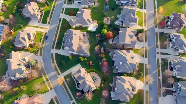 Clean, orderly, beautiful neighborhood, suburb, November aerial view.
