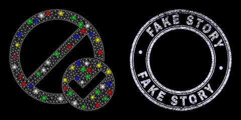 Glossy polygonal mesh net true reject icon with glitter effect on a black background with Fake Story textured stamp seal. Illuminated vector model created from true reject pictogram,