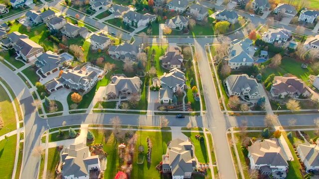 Clean, orderly, beautiful neighborhood, suburb, November aerial view.
