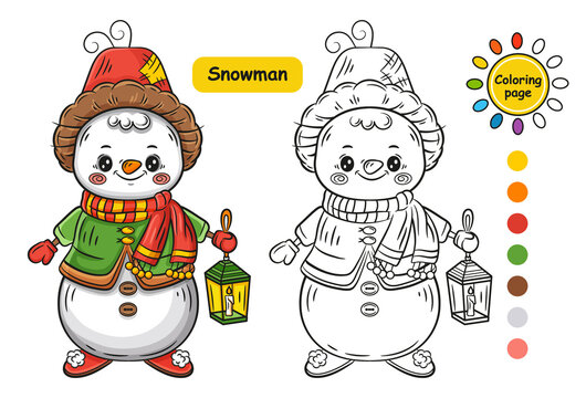 Winter snowman coloring page for preschool children. Cute ice snow man from snowballs in clothes with lantern kid colouring book. Christmas character. Education game. Color example with outline vector