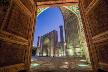 Central Asia, Uzbekistan, Samarkand. Mosque complex at twilight.