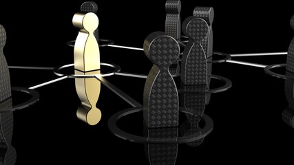 Chain of black human figurines connected by silver lines on green plate. Cooperation and interaction between people and employees. Dissemination of information in society, rumors. 3D illustration.