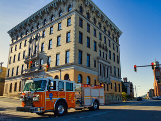 Fire truck responding to a call on Market St Wheeling WV USA
