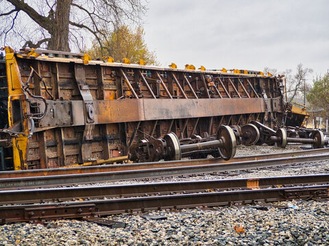 train derailment  on a rainy grey day