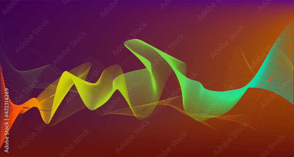 Poster yellow green Sound wave line curve on red background. Element for theme technology futuristic vector