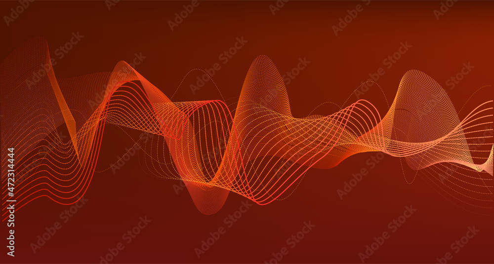 Poster yellow orange Sound wave line curve on red background. Element for theme technology futuristic vector