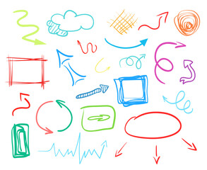 Multicolored infographic elements isolated on white. Set of different indicator signs. Hand drawn simple objects. Right and left direction pointers. Abstract circles, arrows and rectangles