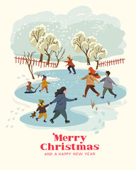 People including family and friends enjoying themselves and having fun while ice skating on an ice rink. Christmas and winter vector illustration.