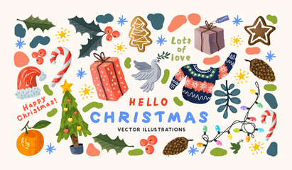 Merry Christmas  hand made decoration designs including plants, lights and festive treats! Vector illustration.