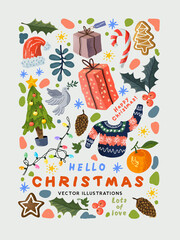 Winter and christmas season hand made decoration designs including plants, lights and festive treats! Vector illustration.