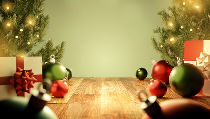 Fototapeta na wymiar Merry Christmas Background With Gifts And Decorations
