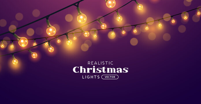 Glowing warm coloured fairy light chains. Festive holiday background vector illustration.