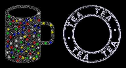 Glossy polygonal mesh web cup icon with glitter effect on a black background, and Tea grunge stamp seal. Illuminated vector mesh created from cup icon, with white mesh and glitter light spots.