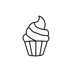 Cupcake dessert food icon symbol in flat black line style, isolated on white background