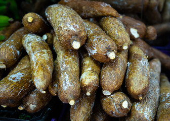 Close-up photo of fresh bunch of cassava tubers in market.